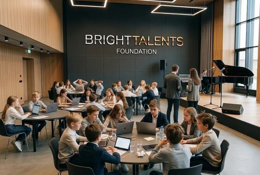 Деца на уъркшоп на Фондация Bright Talents с лаптопи в концертна зала